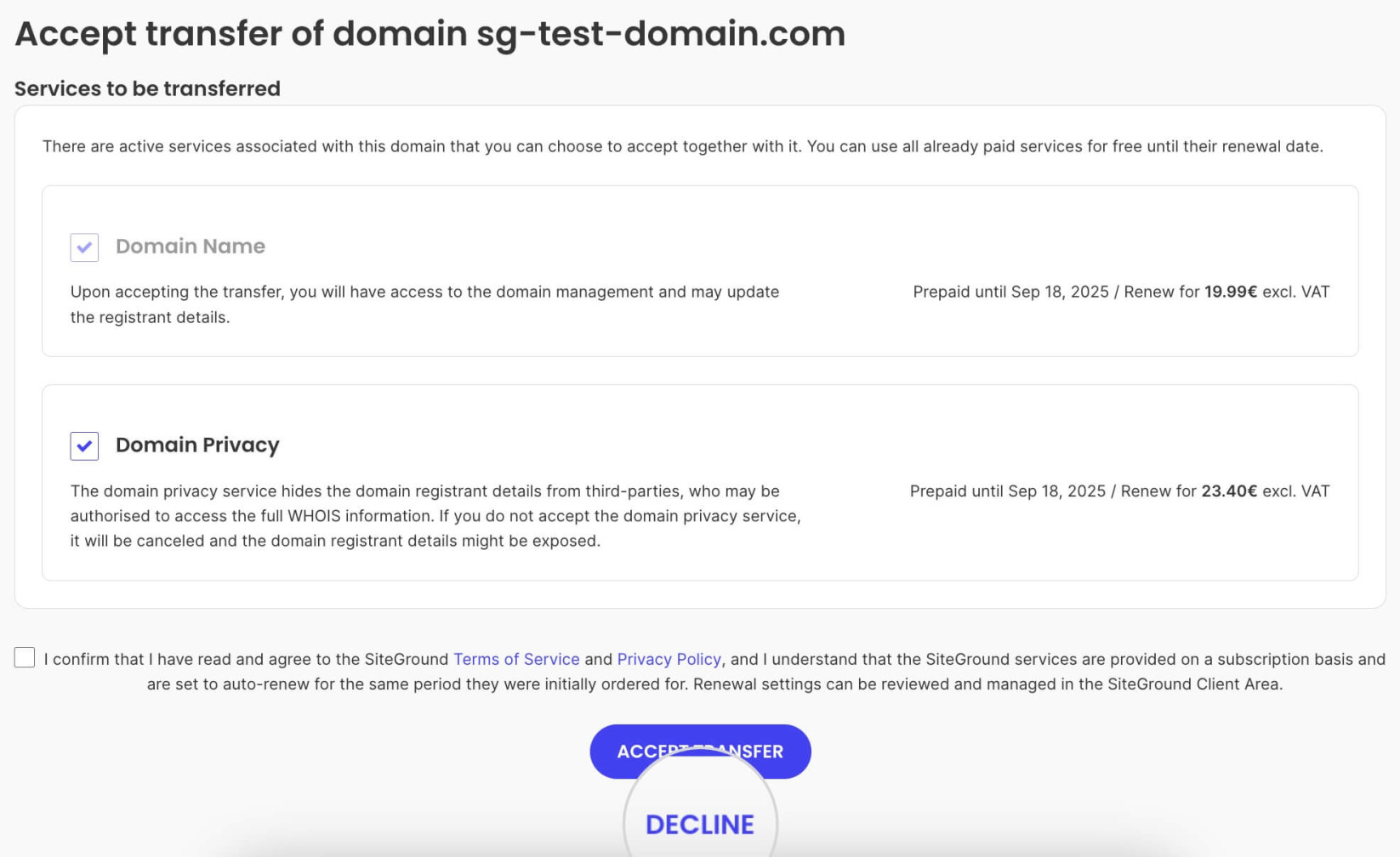 A screenshot of the accept domain transfer page and the option to decline an incoming transfer.