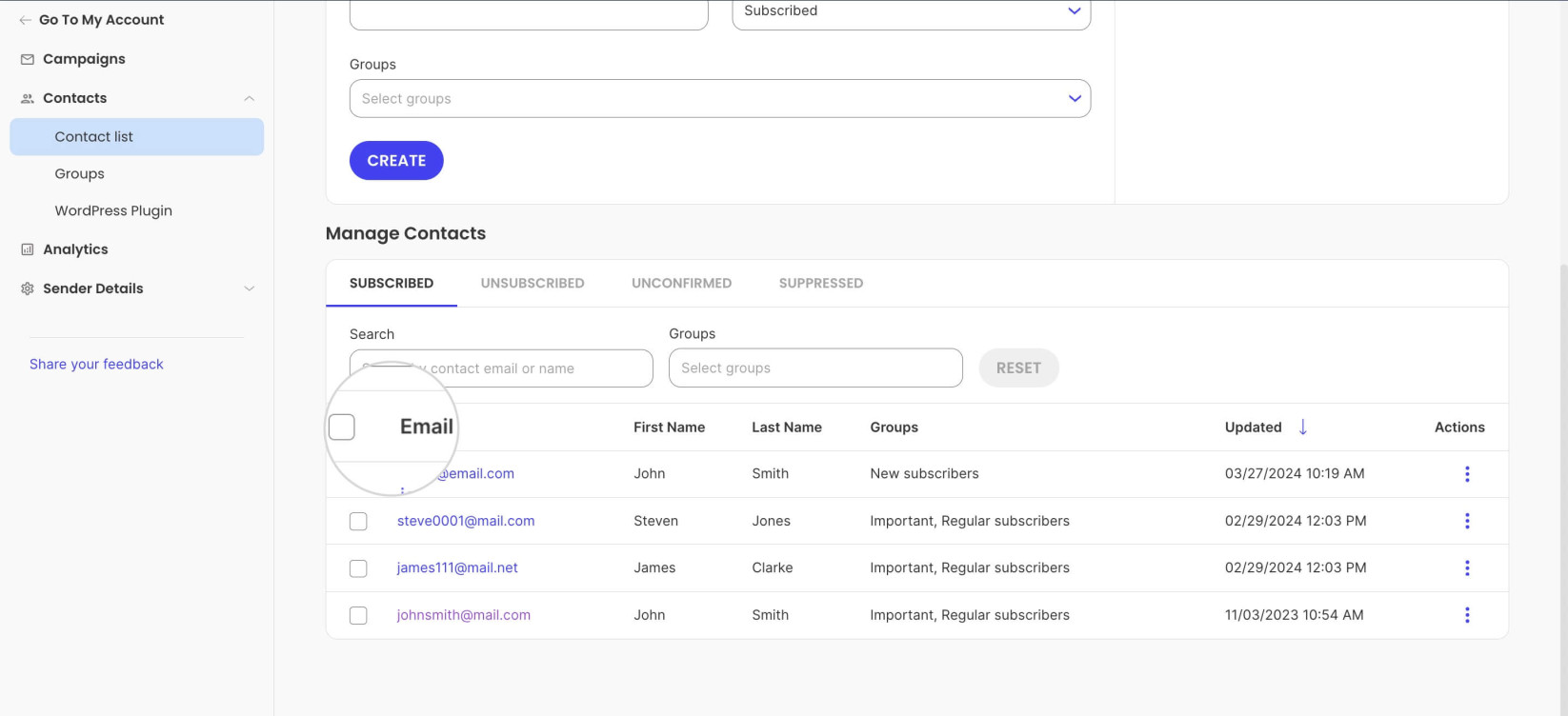 Screenshot displaying how to delete all contacts at once