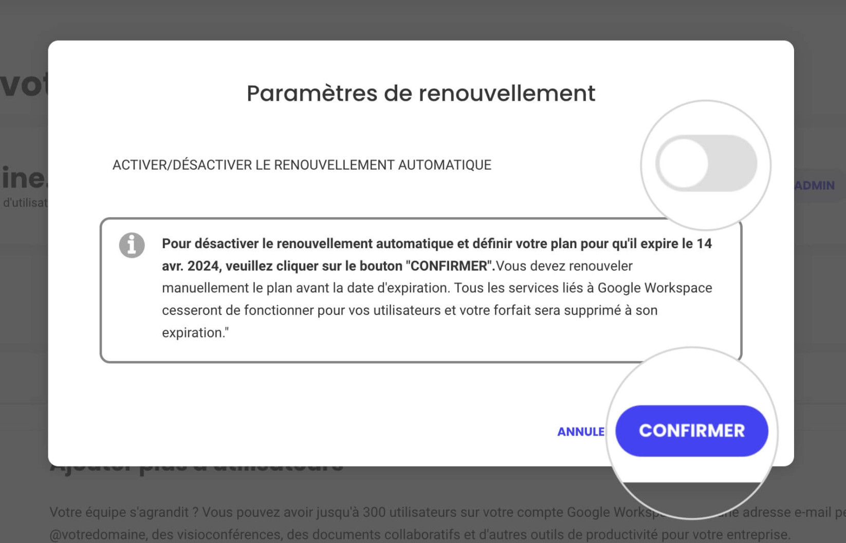 Comment désactiver le renouvellement automatique pour Google Workspace