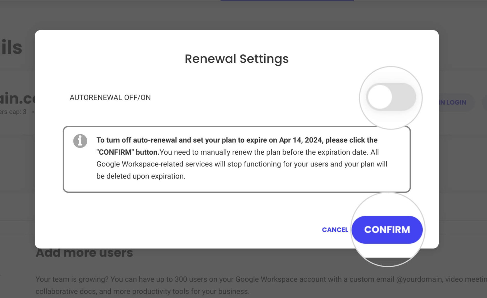 How to disable autorenewal for Google Workspace