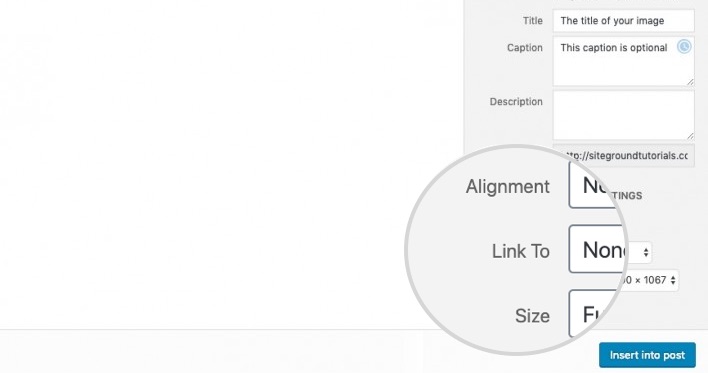screenshot showing how to change the alignment, size and "Link to" of an image