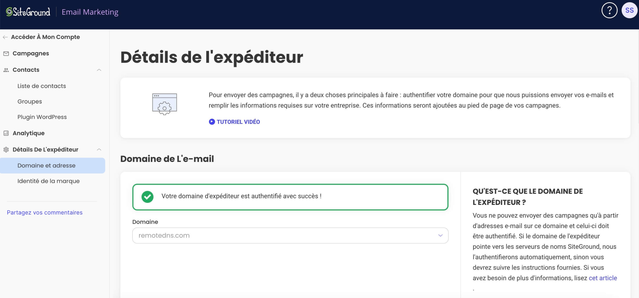Capture d'écran montrant le message « Votre domaine d'expéditeur est authentifié avec succès ! »