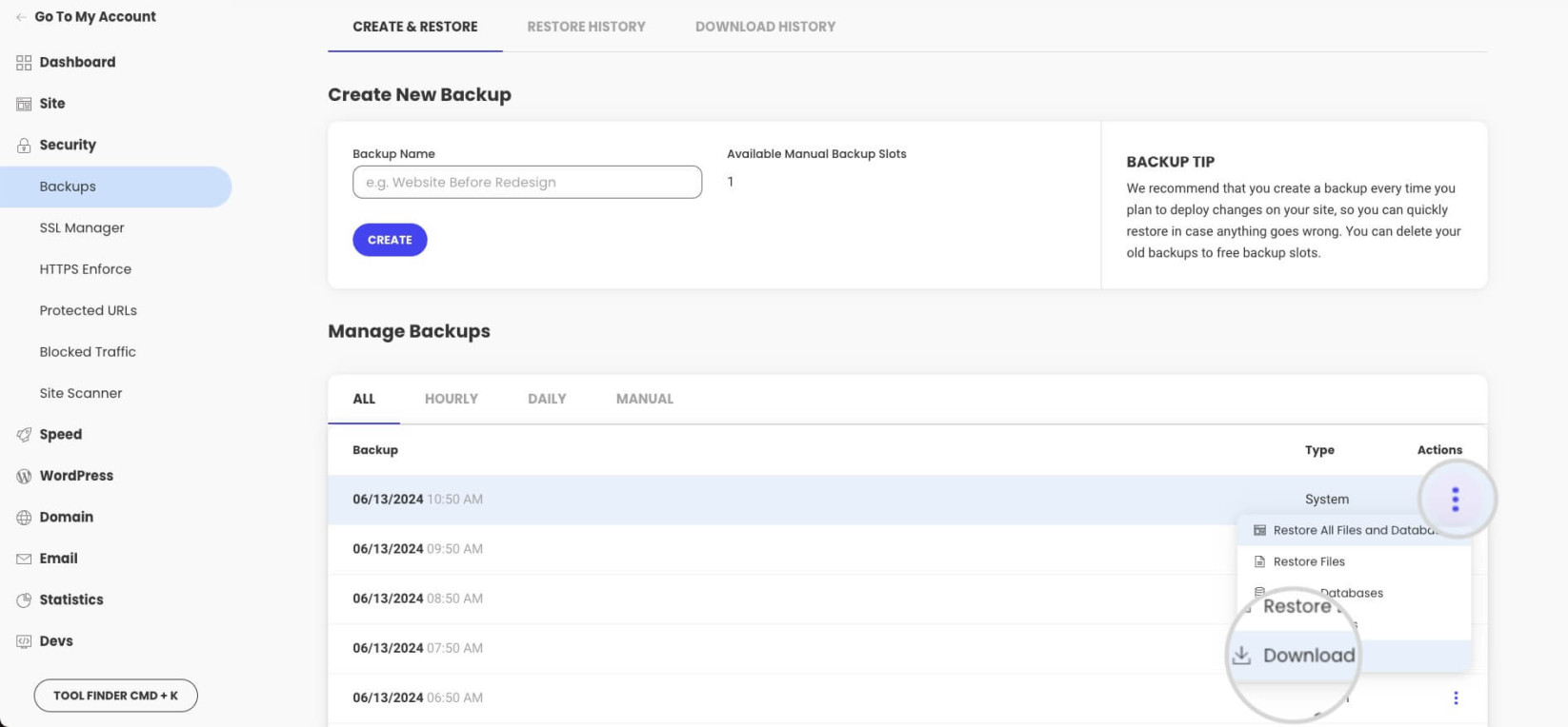 How to download a backup in Site Tools