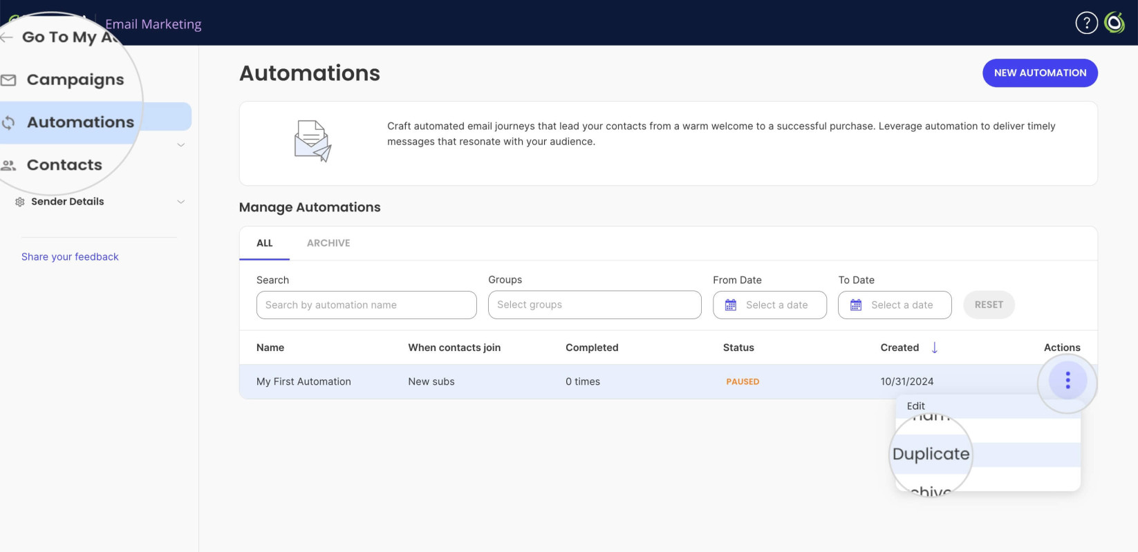 Duplicating automation in Email Marketing