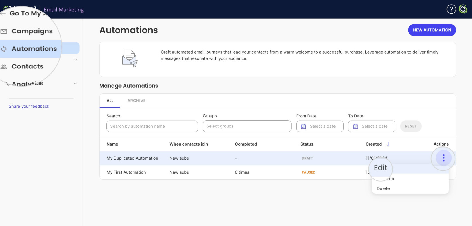 Editing a duplicated automation in Email Marketing