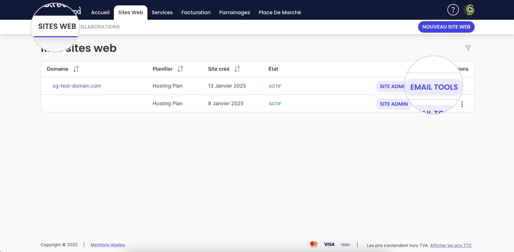 Email Tools pour un site web de Site Builder