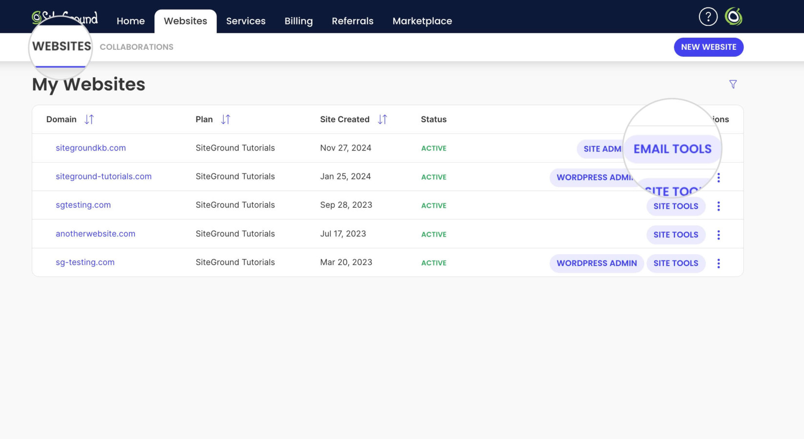 Email Tools for a Site Builder website
