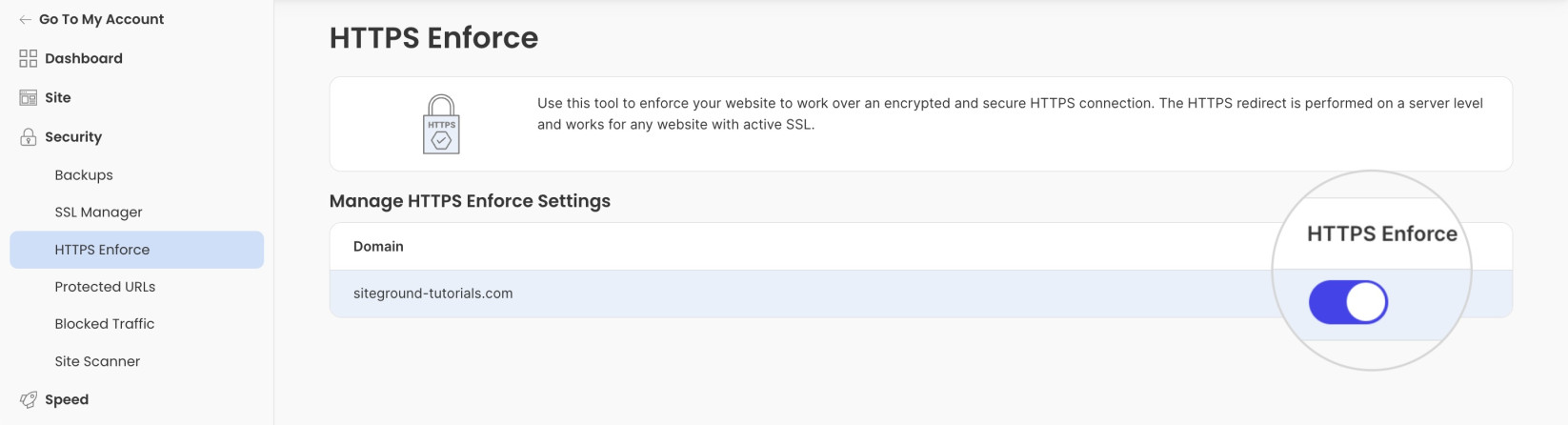 "HTTPS Enforce" in SiteGround's Site Tools