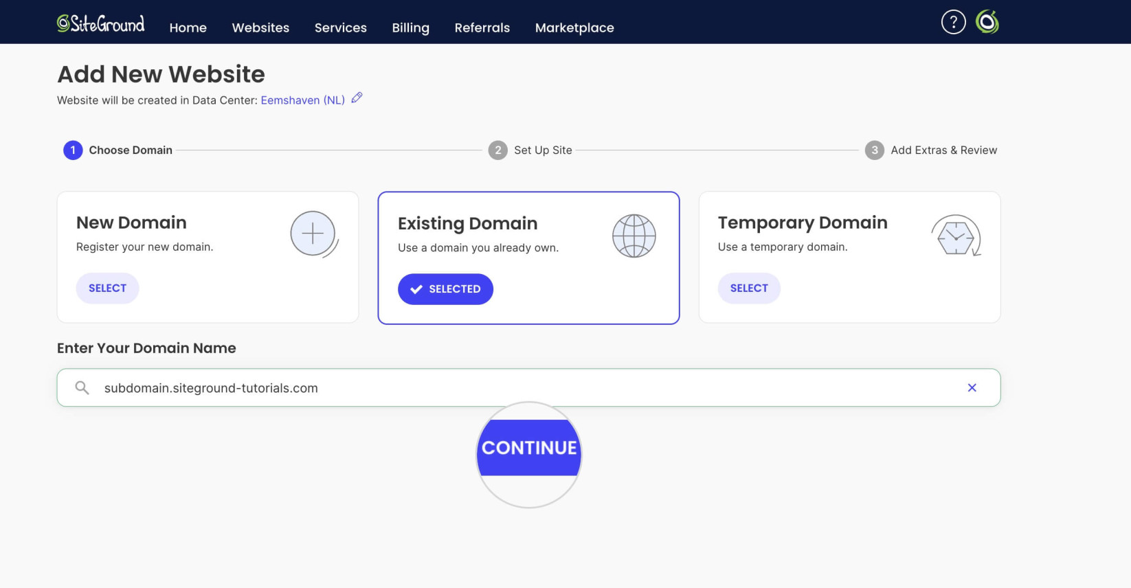 Screenshot of the Setup Wizard where you can enter the subdomain for a new Site Builder 