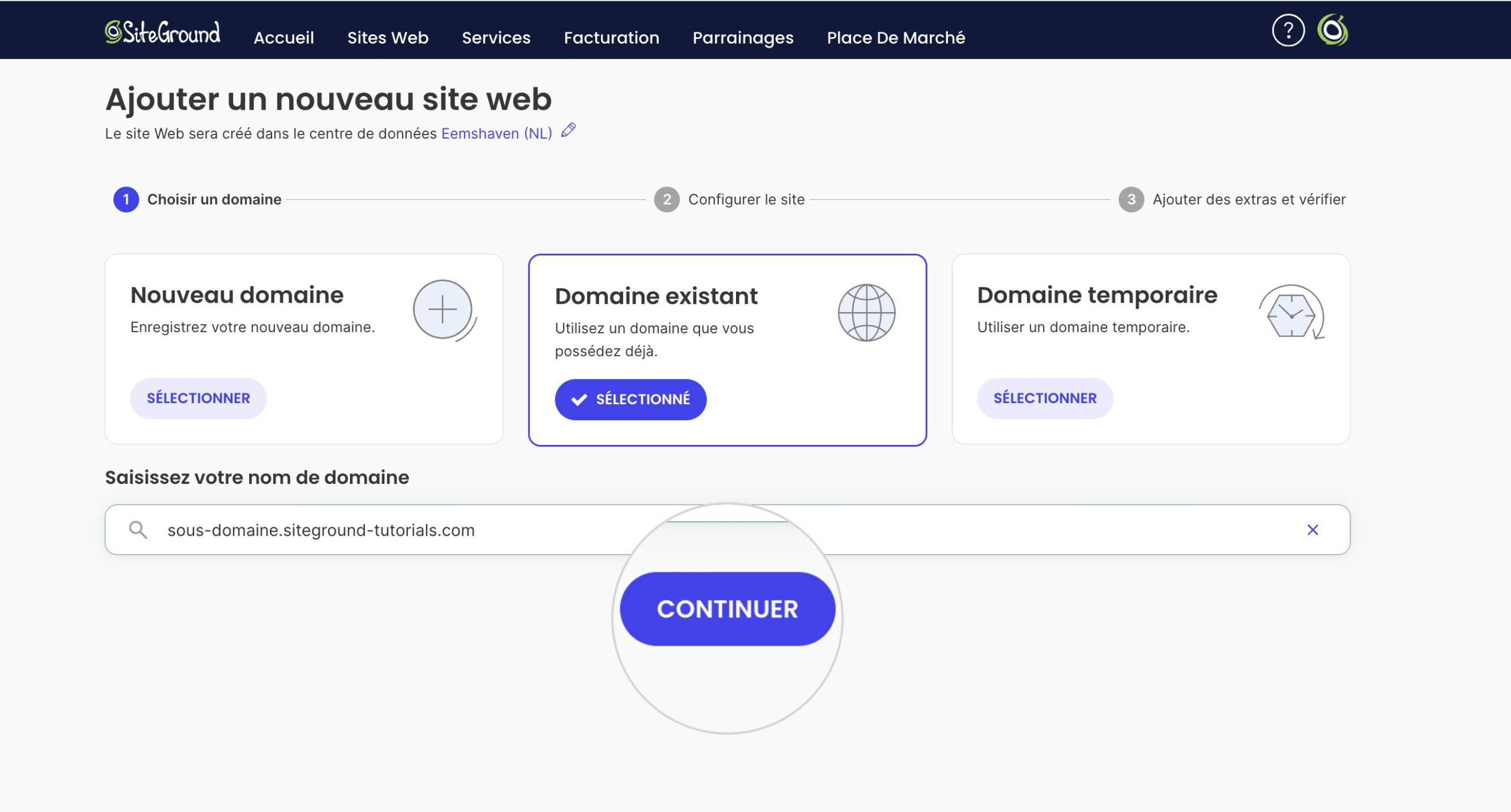 Capture d'écran de l'assistant de configuration où vous pouvez entrer le sous-domaine pour un nouveau Site Builder