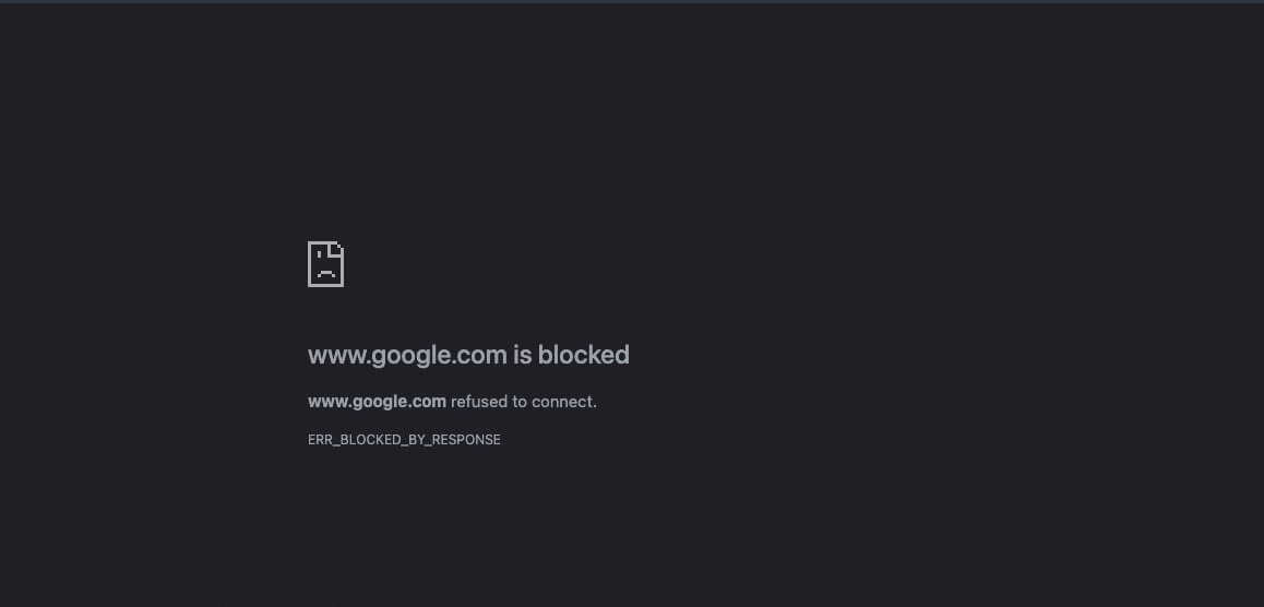 A screenshot of the ERR_BLOCKED_BY_RESPONSE message in Chrome, when trying to open google.com