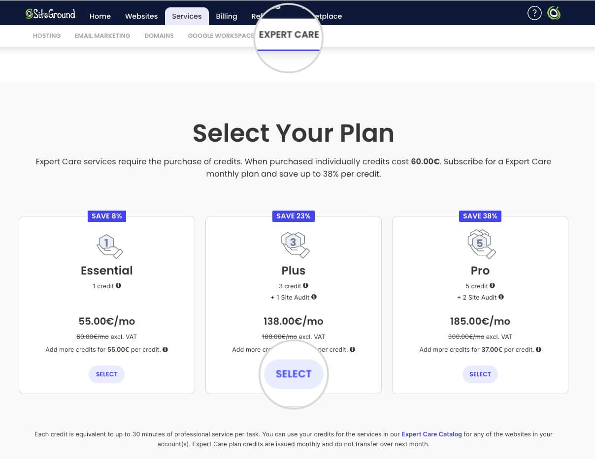 Expert Care Plans page in SiteGround's Client Area
