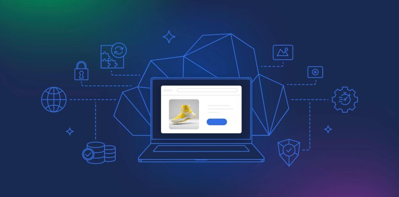 Illustration of cloud hosting with interconnected icons representing security, performance, global reach, and scalability. A laptop displays an online storefront with a product image, symbolizing e-commerce powered by cloud hosting.