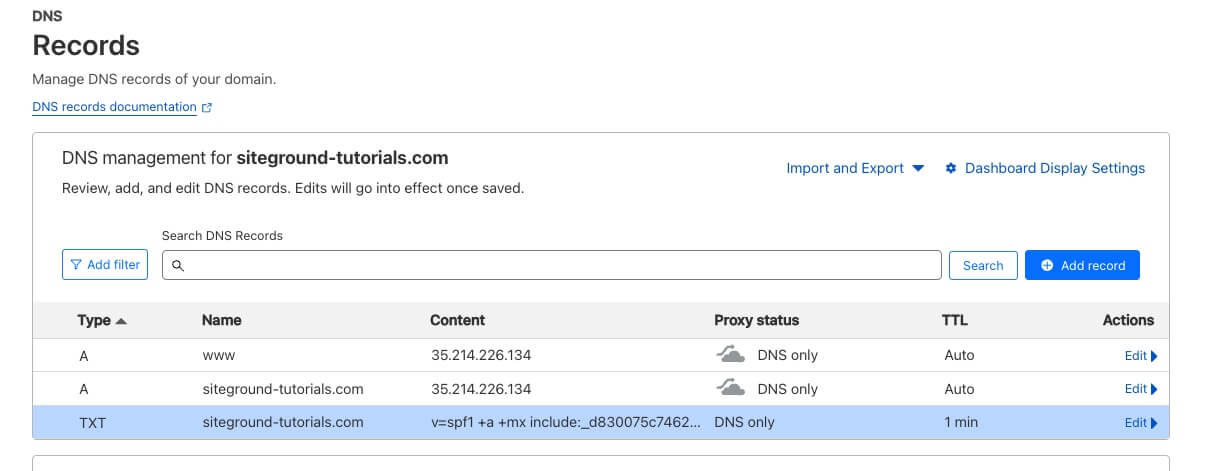 An existing SPF record in an external DNS zone editor 