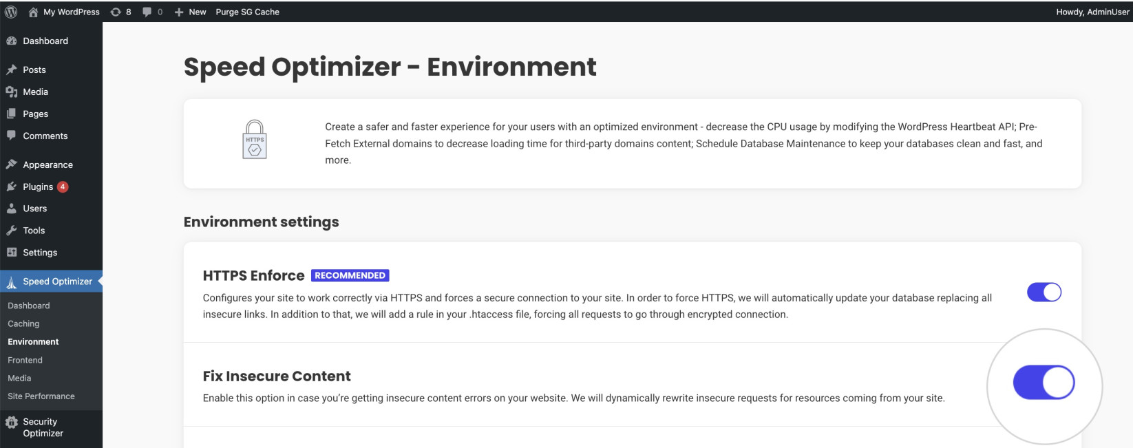 "Fix Insecure Content" in the Speed Optimizer plugin for WordPress