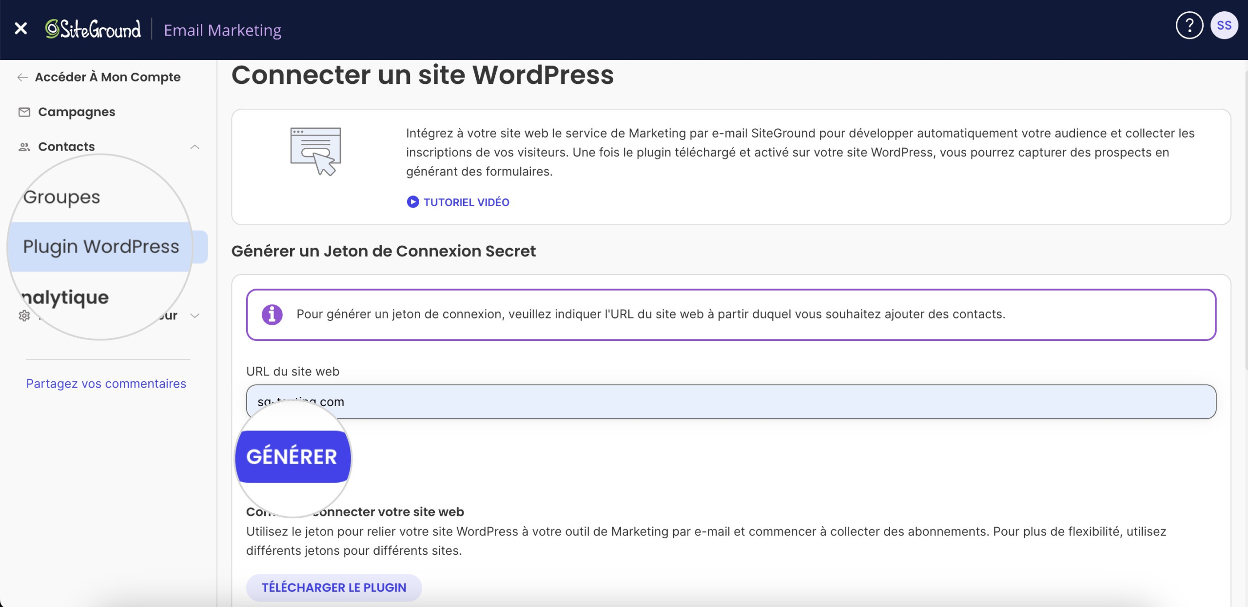Comment générer un jeton de connexion pour connecter le plugin E-mail Marketing à SiteGround E-mail Marketing