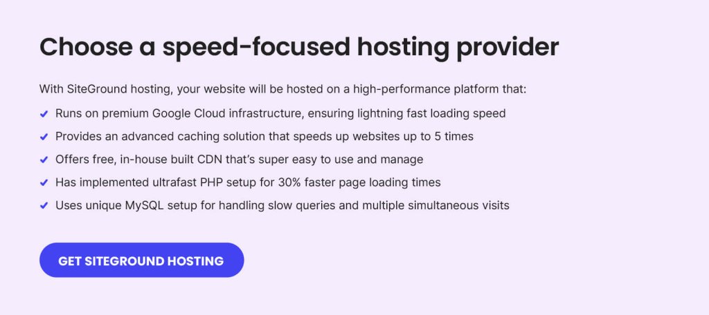 A promotional banner listing SiteGround's unique speed hosting features.