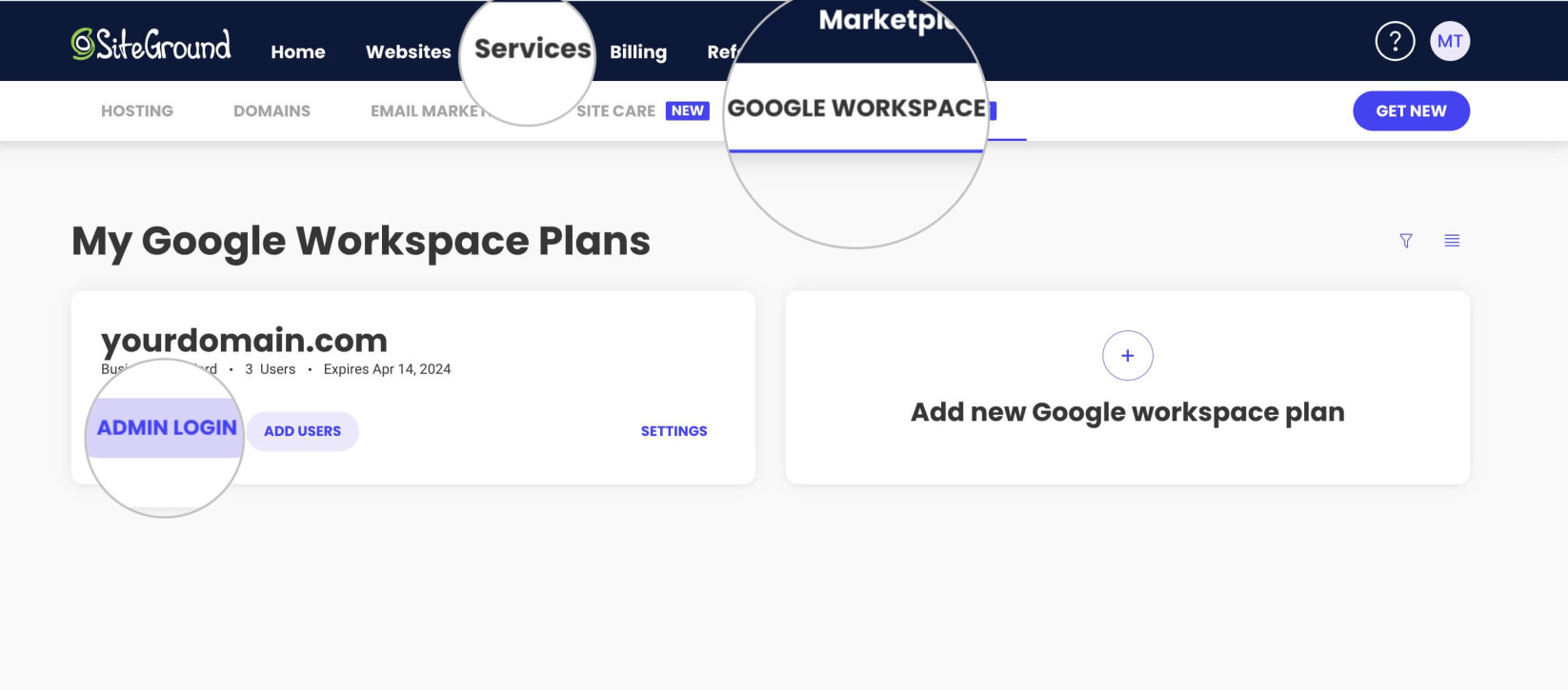 Google Workspace Admin Login from SiteGround Client Area