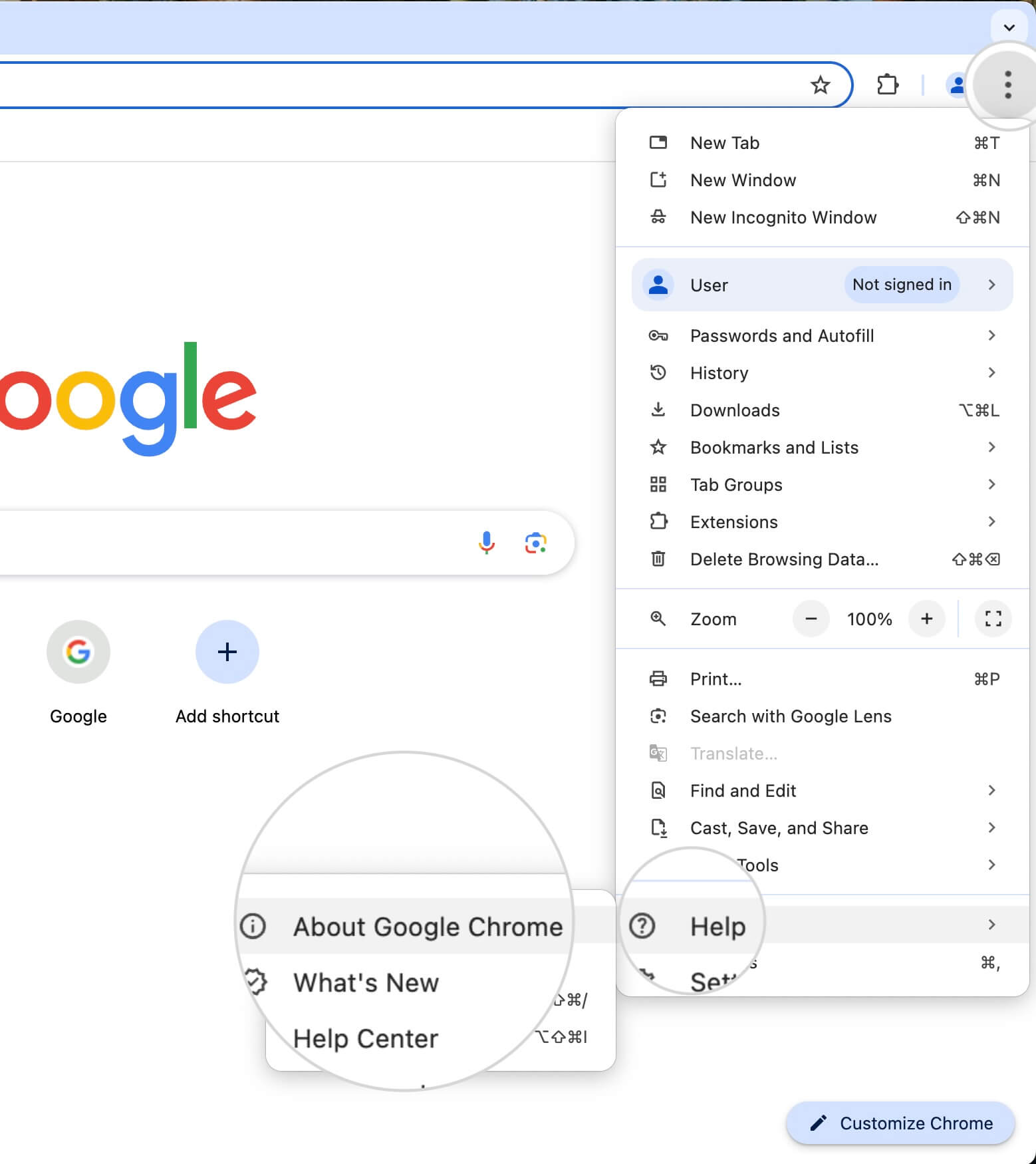 How to access the Chrome updates menu