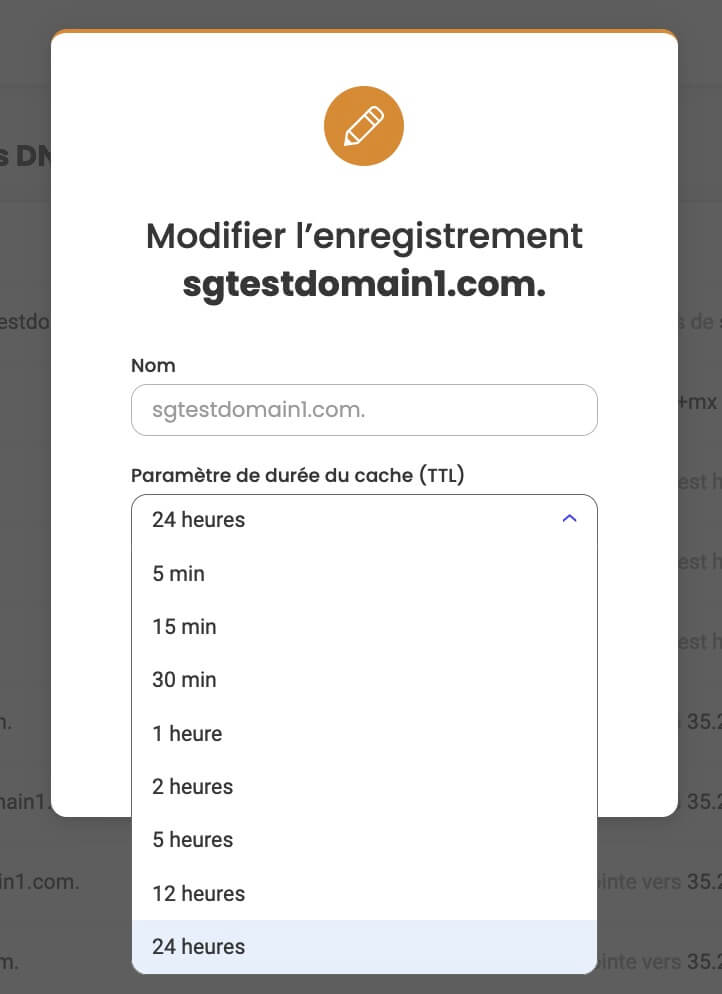 Paramètres TTL (durée de vie) pour un enregistrement DNS