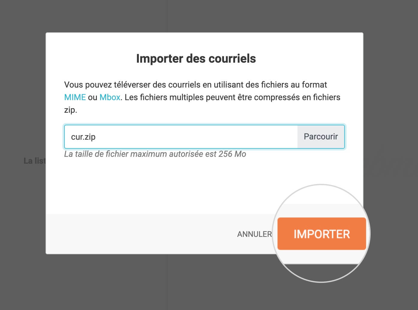 Importer des e-mails dans Webmail 