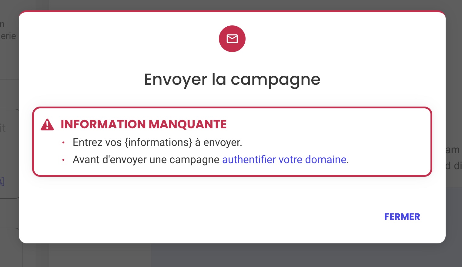 Avertissement en cas d'informations commerciales manquantes dans SiteGround Email Marketing