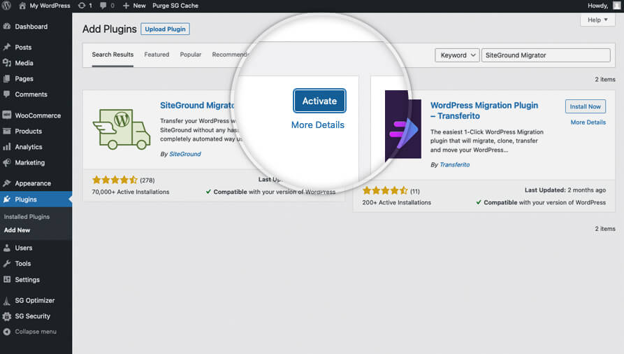 Screenshot of the WordPress Plugins section, focusing on the “Activate” button for the SiteGround Migrator plugin, ready for use.