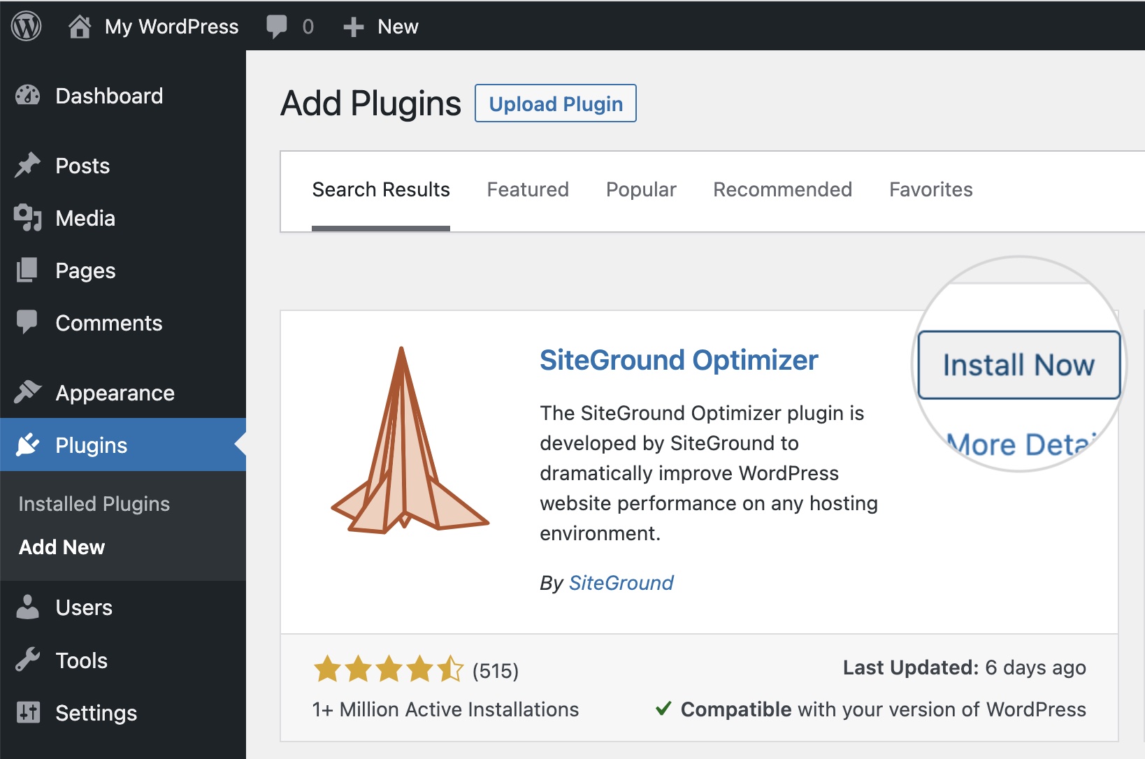"Install Now" button for a new WordPress plugin