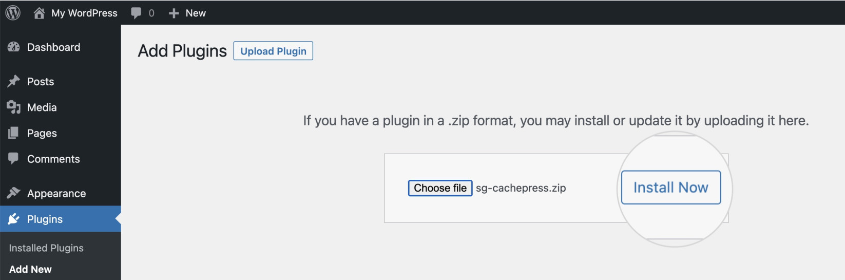 "Install Now" button for an uploaded plugin archive