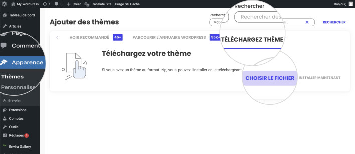 Capture d’écran illustrant comment télécharger des thèmes WordPress premium à partir du tableau de bord