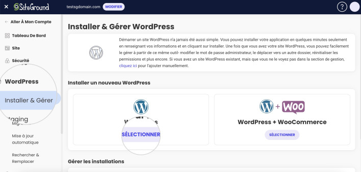 Capture d’écran affichant l’outil d’installation et de gestion dans le site outils d’installation de WordPress