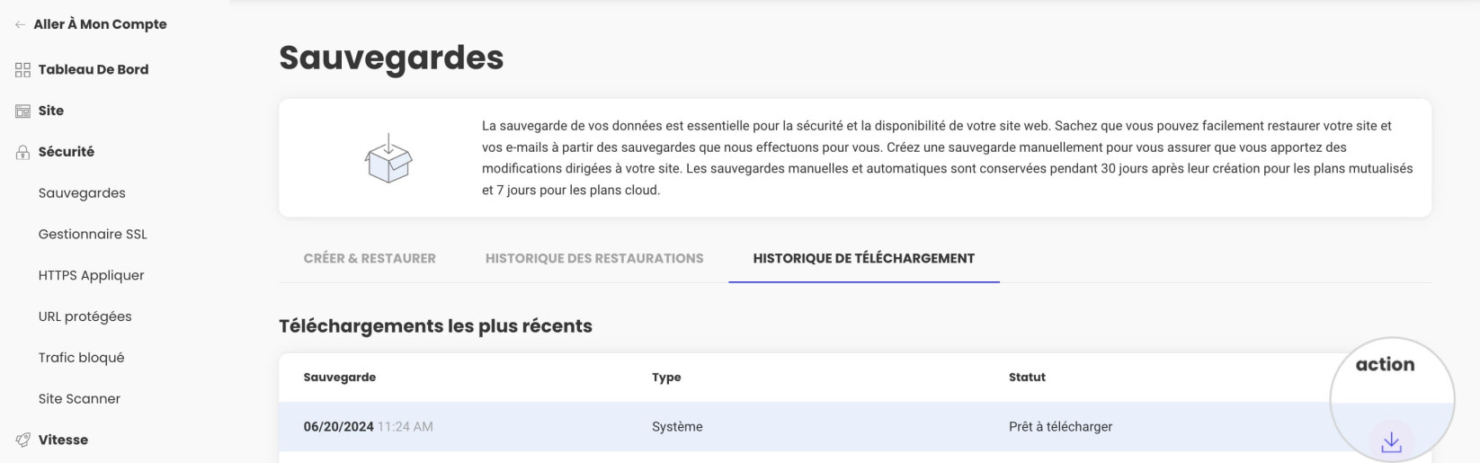 Lien de téléchargement pour une sauvegarde dans Site Tools