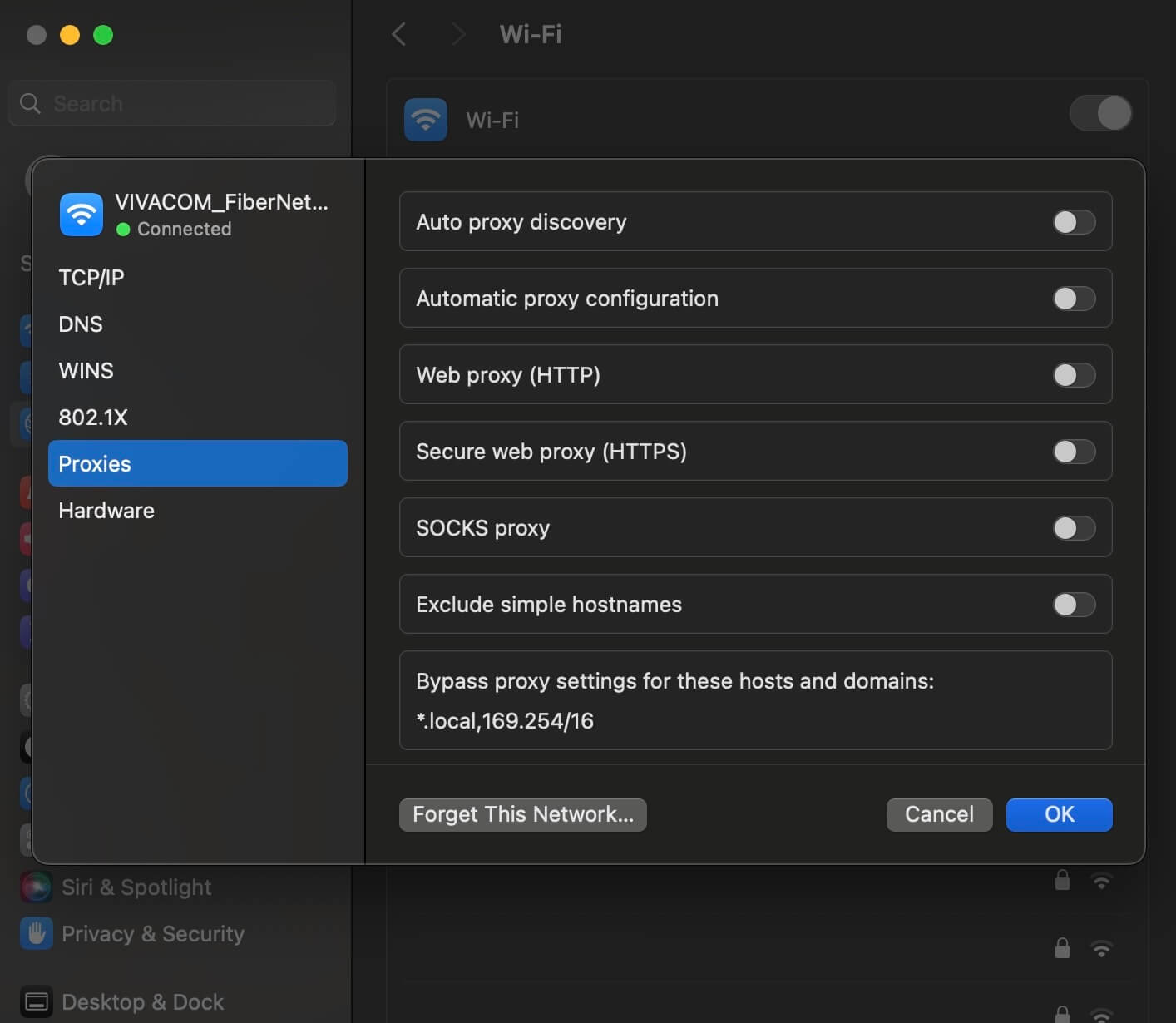 macOS proxy settings screen under the Wi-Fi network options. Includes options for auto proxy discovery, automatic proxy configuration, web proxy (HTTP), secure web proxy (HTTPS), SOCKS proxy, and bypass proxy settings for specific hosts and domains.