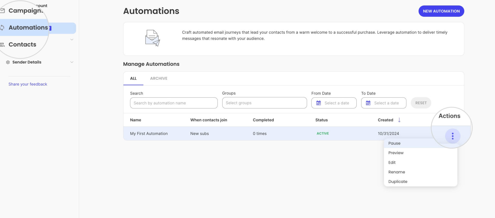 Managing an automation in Email Marketing