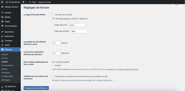 Capture d’écran montrant comment configurer une page WordPress statique