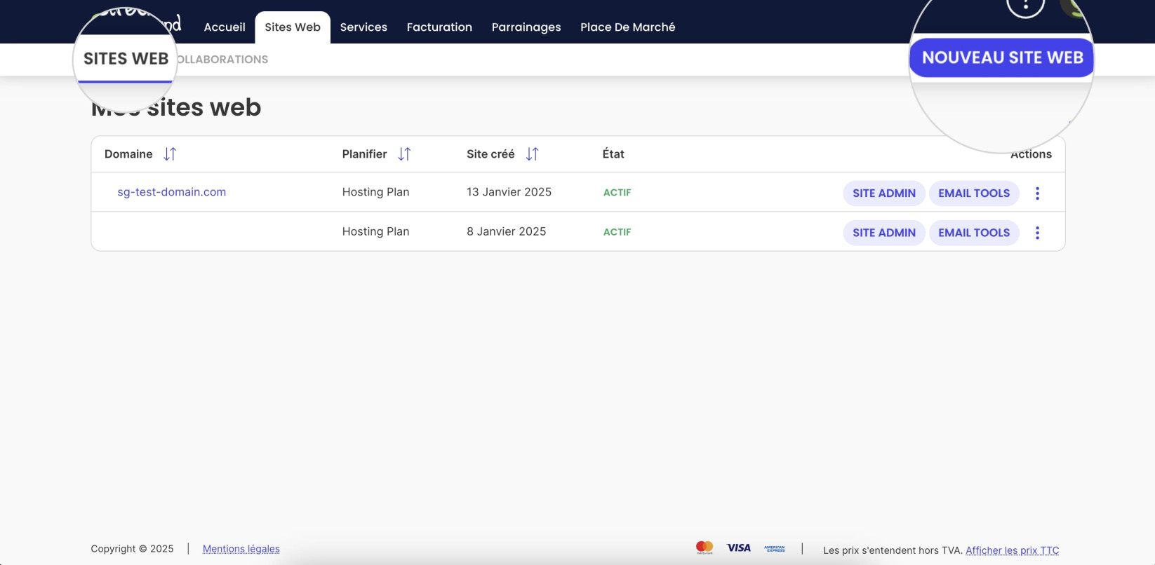Capture d'écran de l'Espace Client SiteGround où vous pouvez créer un nouveau site web 