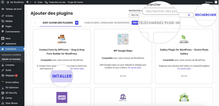 Capture d’écran montrant comment envoyer et installer un plugin WordPress depuis le tableau de bord