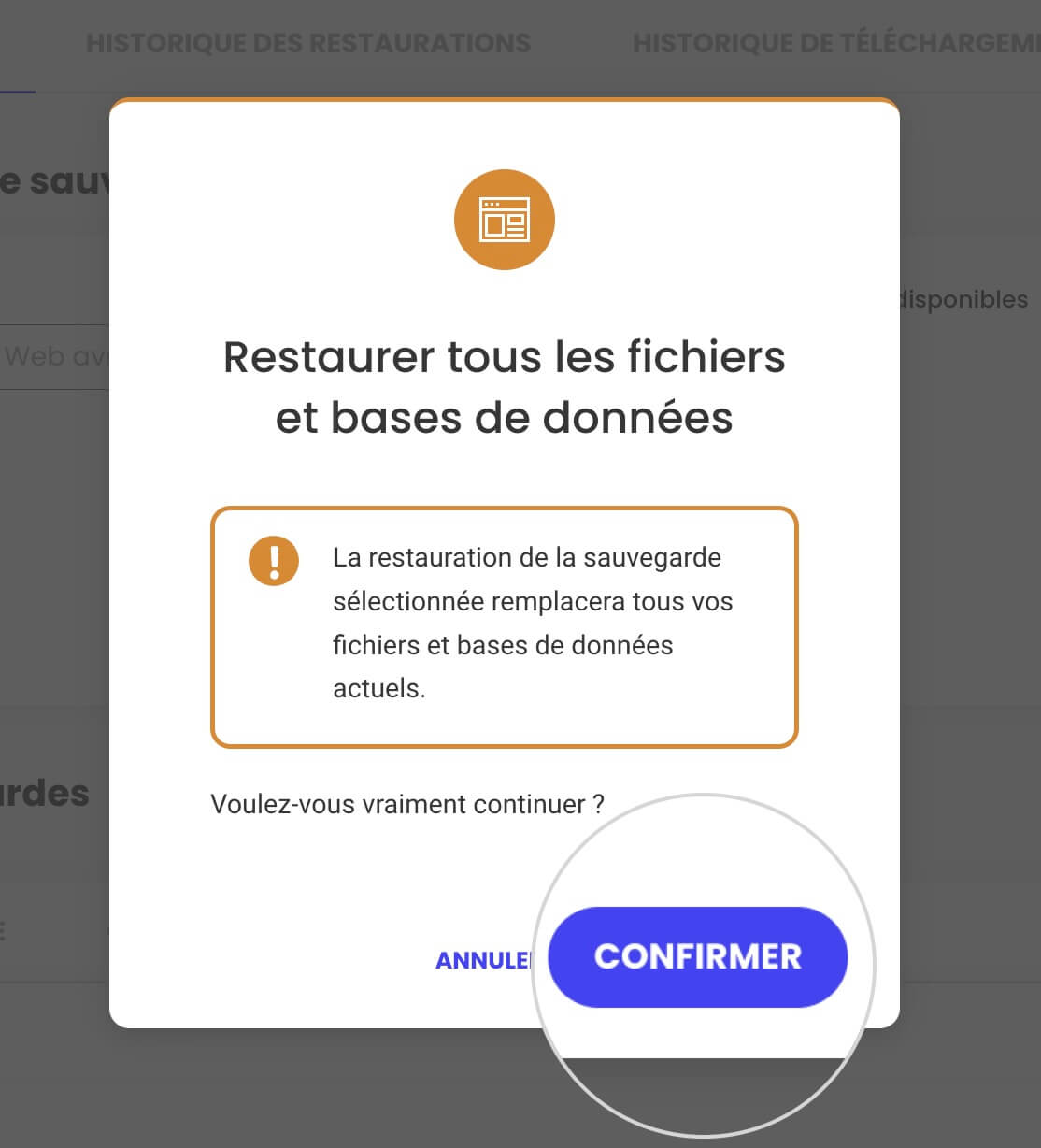 Comment restaurer tous les fichiers et bases de données dans Site Tools