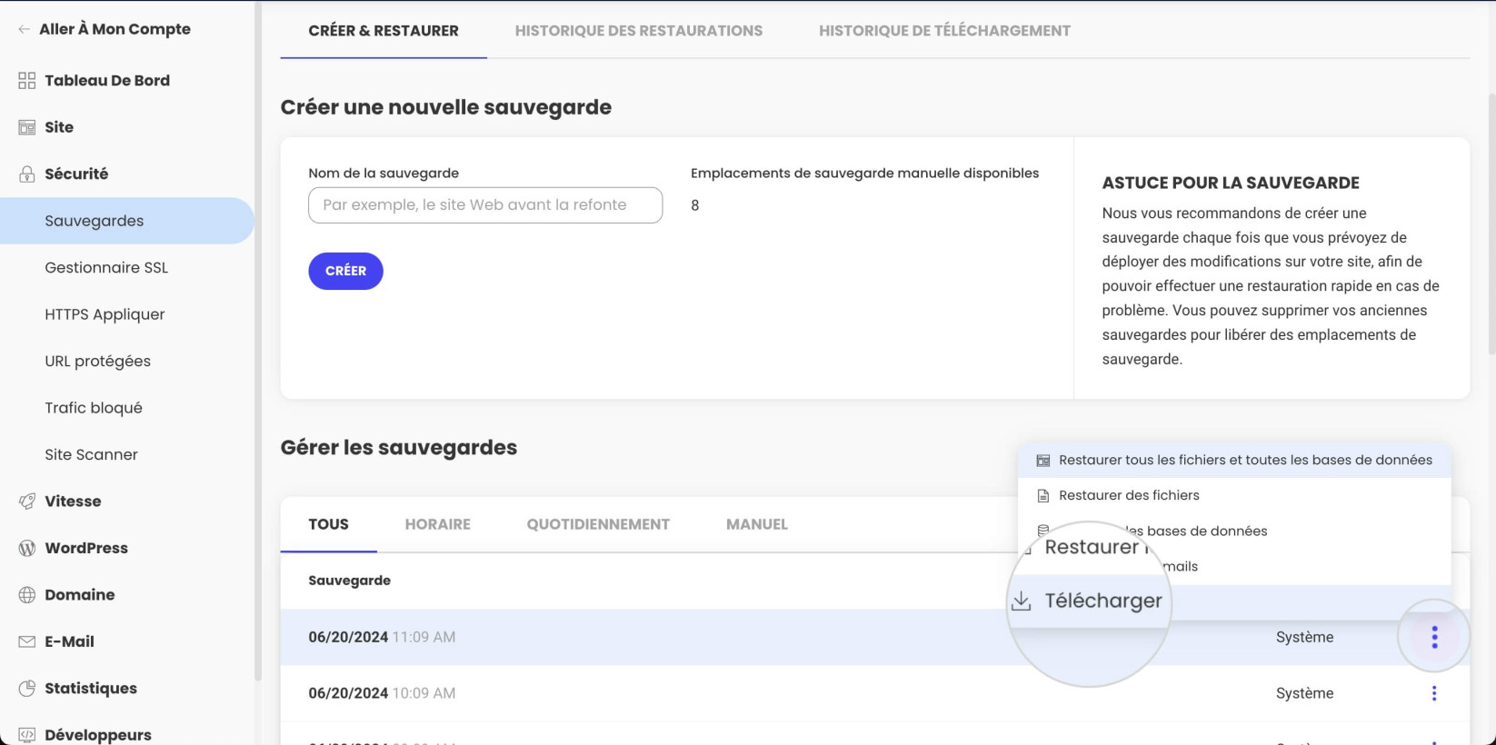 Comment télécharger une sauvegarde dans Site Tools