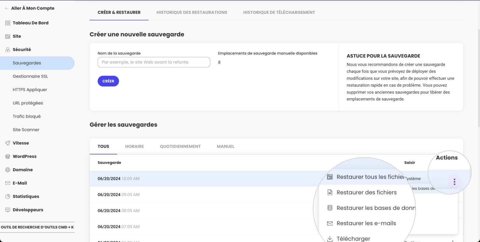 Options de restauration pour les sauvegardes dans Site Tools