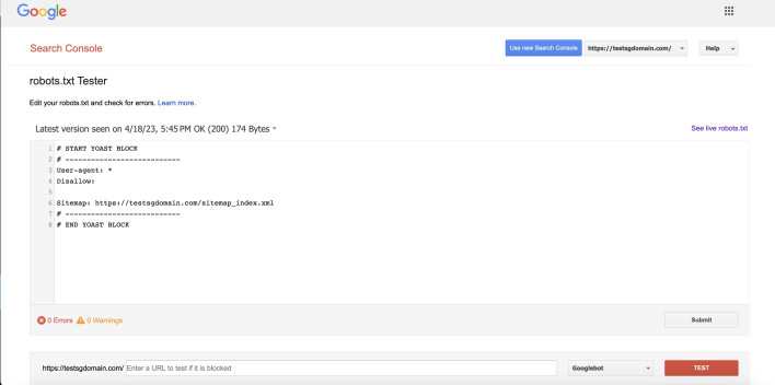 Capture d’écran illustrant l’utilisation de l’outil de test Google Robots