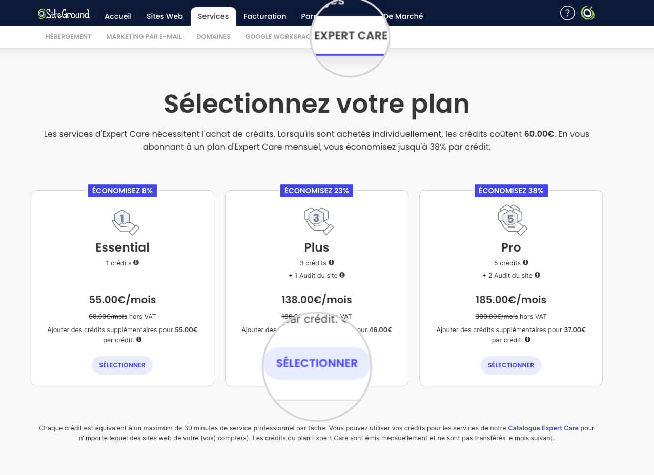 Page des forfaits Expert Care dans l’espace client de SiteGround