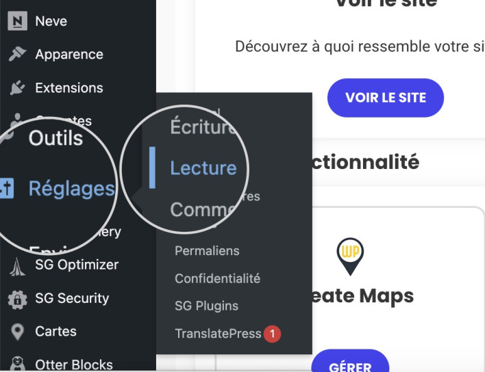 Capture d’écran affichant les paramètres de lecture des pages WordPress
