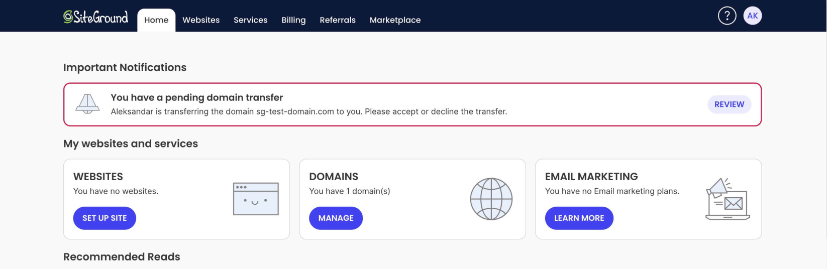 A screenshot of the SiteGround area home page with a pending transfer invitation notice.