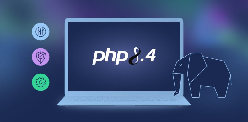 A featured image with a laptop, displaying the official PHP.net logo of PHP 8.4, and the signature PHP elephant icon.