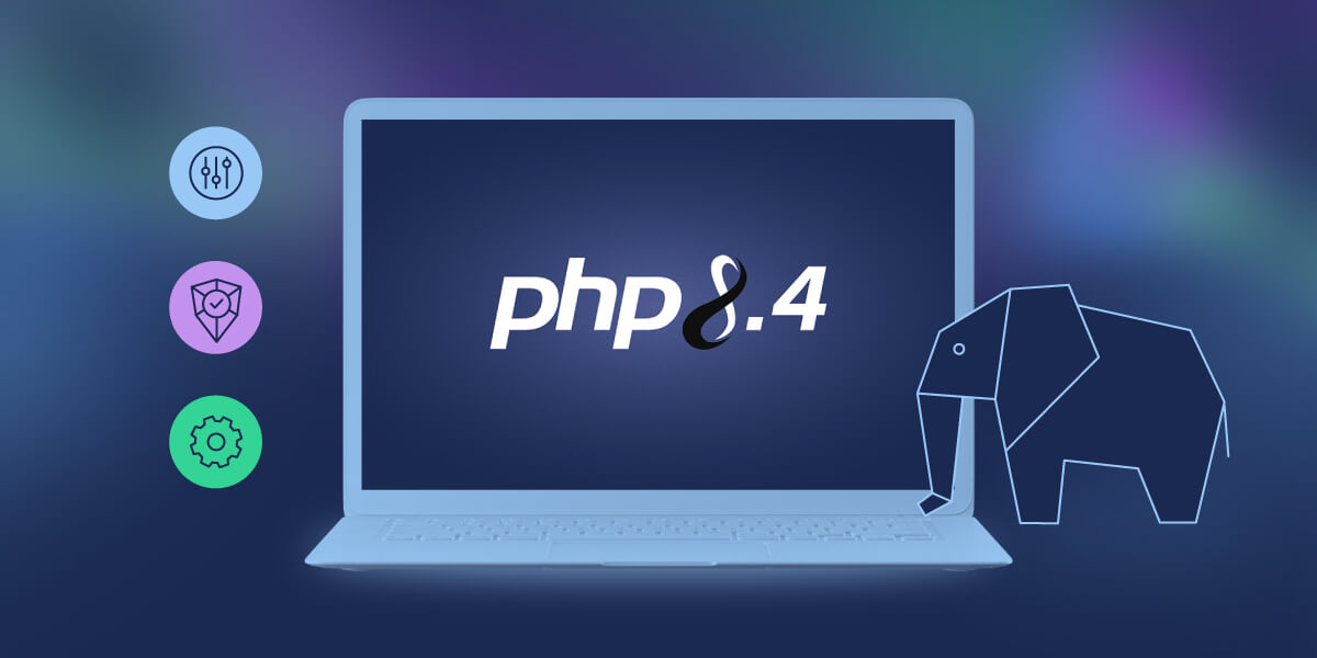 A featured image with a laptop, displaying the official PHP.net logo of PHP 8.4, and the signature PHP elephant icon.