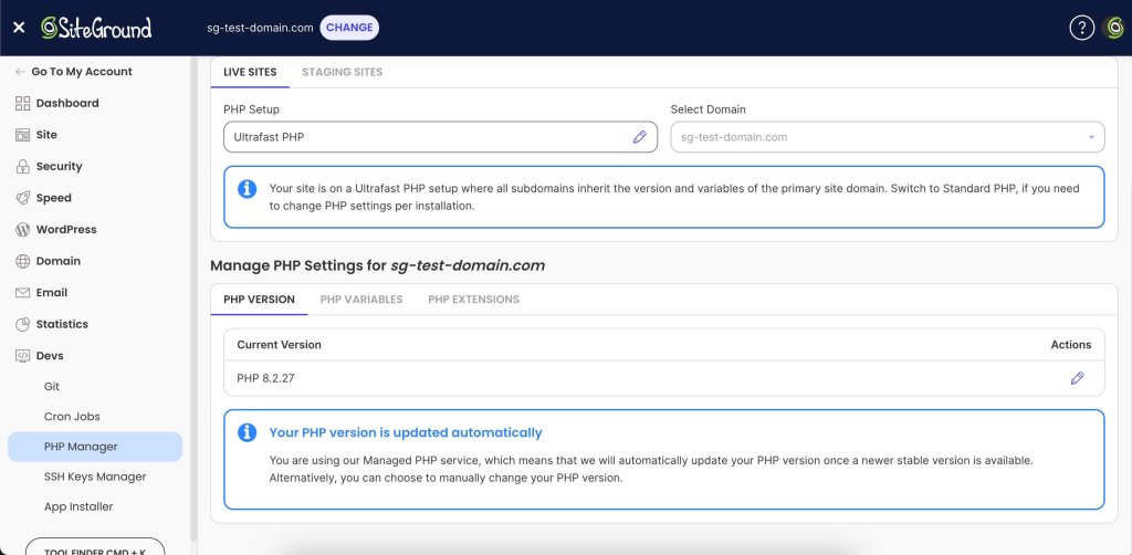 A screenshot of SiteGround's Site Tools dashboard PHP manager, where you can change the PHP settings of your sites.