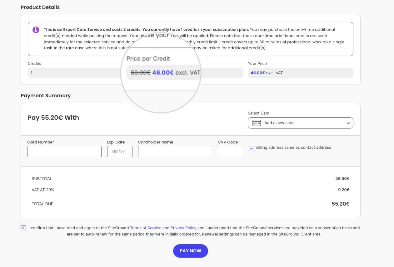 One-time purchase of additional credits for a Expert Care service