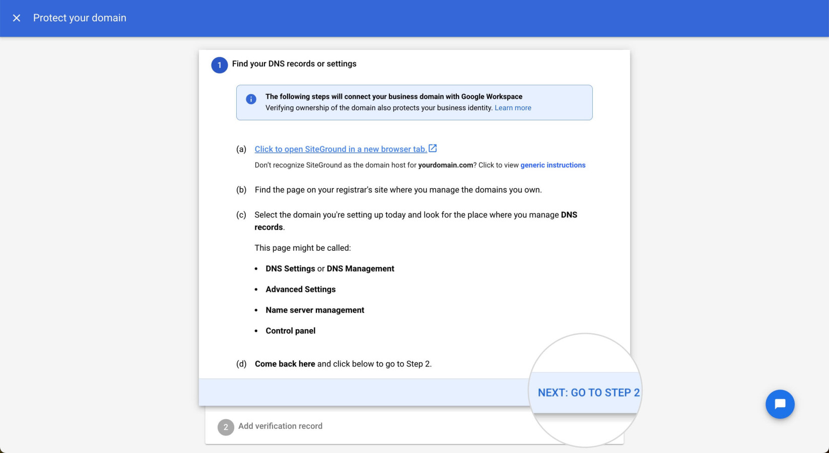 Registrar information in the Google Workspace verification wizard
