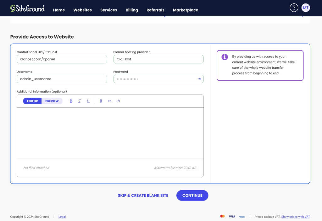 A screenshot of the manual website transfer request form in SiteGround’s Help Desk, with multiple fields where a client needs to provide access details such as the username, password and link to their current hosting provider.
